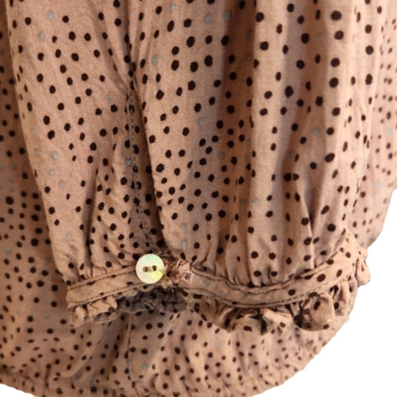 WOMENS ZARA tan with brown & blue polka dot abalone button top size Smal… - Picture 7 of 16